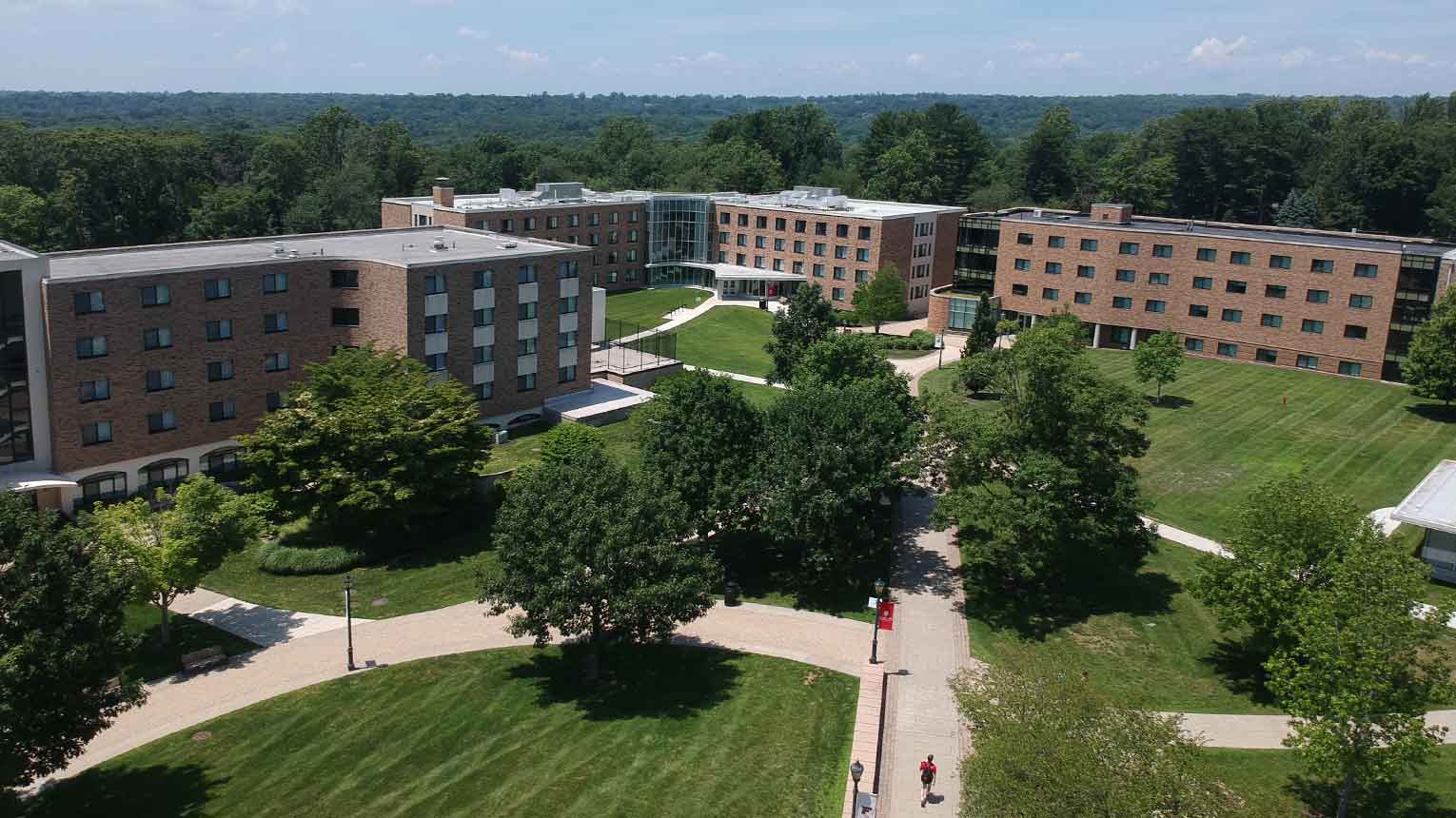 Overhead perspective of the Quad on Fairfield University campus, highlighting its architecture and landscaped areas.